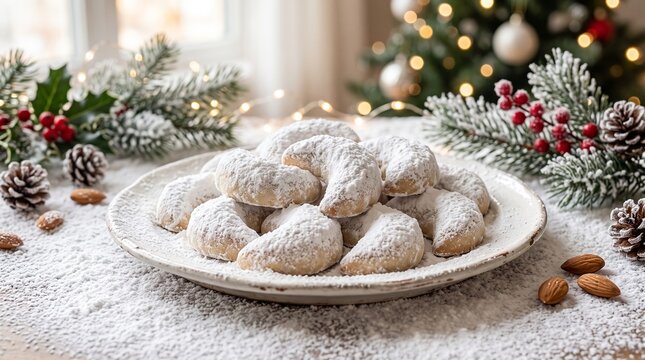 Christmas crescent cookies dusted with powdered sugar on a festive snowy background with pine cones and fir branches