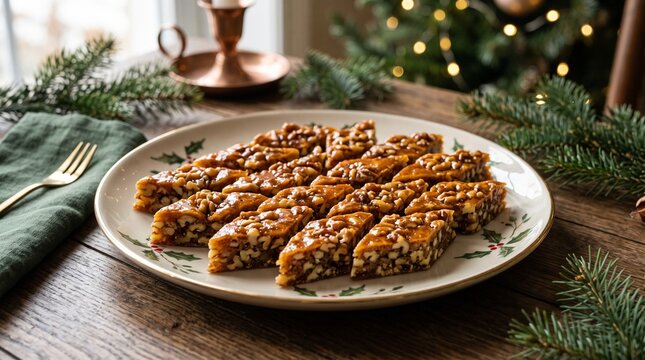 Festive Plate of Honey Nut Bars with Walnuts and Syrup on a Wooden Table with Christmas Decorations