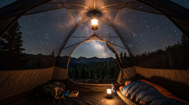Cozy view from inside an illuminated camping tent looking out through the open entrance at a beautiful starry night sky filled with stars and constellations, warm glowing tent fabric