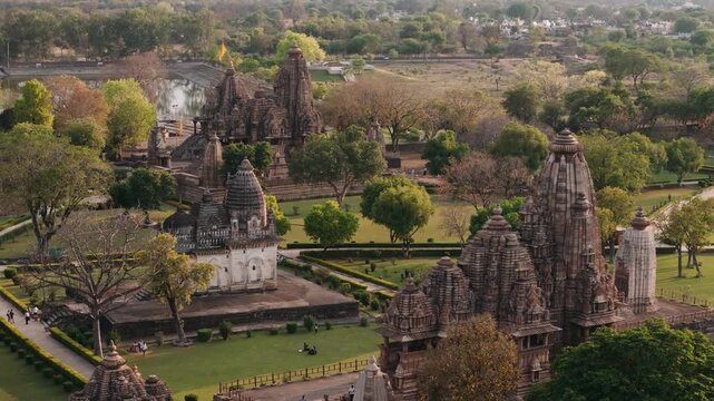 Aerial view of khajuraho temples ancient architecture in madhya pradesh, a unesco world heritage site in india