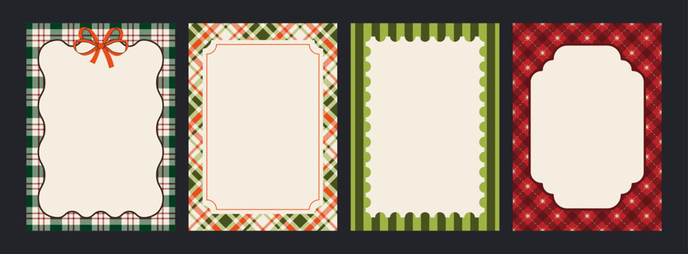 Cute Christmas frame and border set with bows, plaid, ribbons and wavy scalloped shapes. Whimsical coquette design in festive colors, perfect for holiday cards, invitations, prints, backgrounds