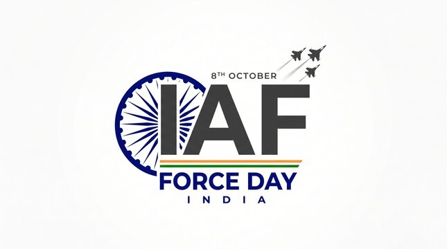 Indian Air Force Day emblem with fighter jets and national symbol on white background.