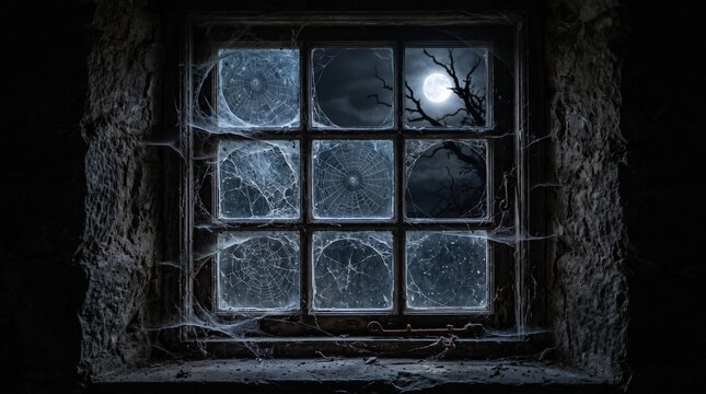Creepy abandoned window covered in cobwebs with full moon and bare tree branches visible outside at night