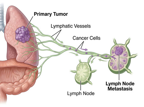 Cancer cells spreading from tumor to lymph nodes isolated on white background