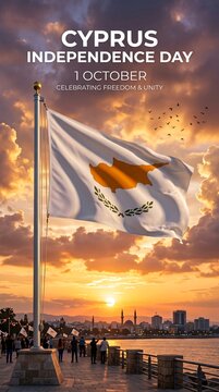 Cyprus flag waving against a dramatic sunset sky for Independence Day celebration