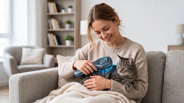 A happy woman uses a modern digital health scanning device on her tabby cat while sitting comfortably on a couch in a bright and cozy residential living room.