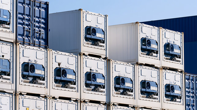 Large stack of white and blue refrigerated freight shipping containers in port terminal for global trade supply chain transport cargo logistics