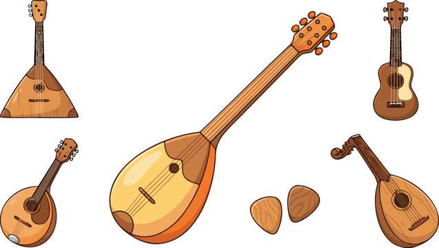 Traditional Folk String Instruments Vector Set Featuring Domra Balalaika Mandolin Lute and Ukulele Icons with Wooden Plectrums for Music Designs