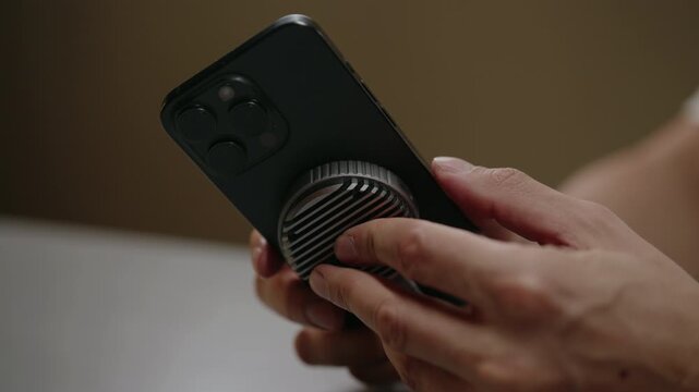Gamer attaching cooling fan accessory to smartphone for enhanced performance and preventing overheating during intense mobile gaming sessions or heavy usage sitting at desk, close-up, slow motion.