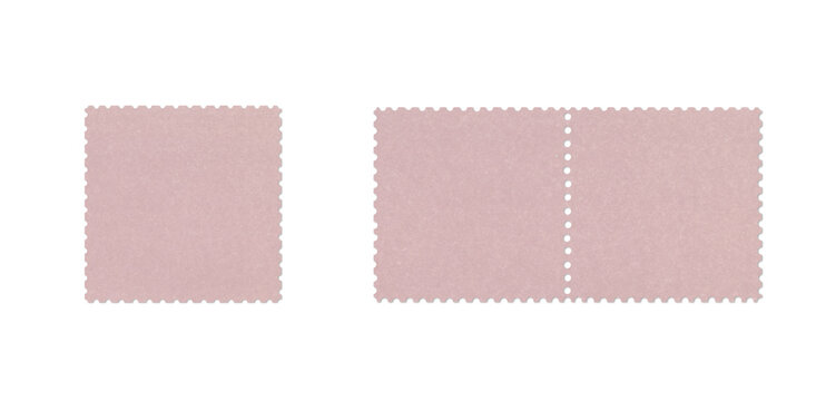 Set of dusty pink perforated paper cards with square sheet and two-part tear-off ticket on a transparent background