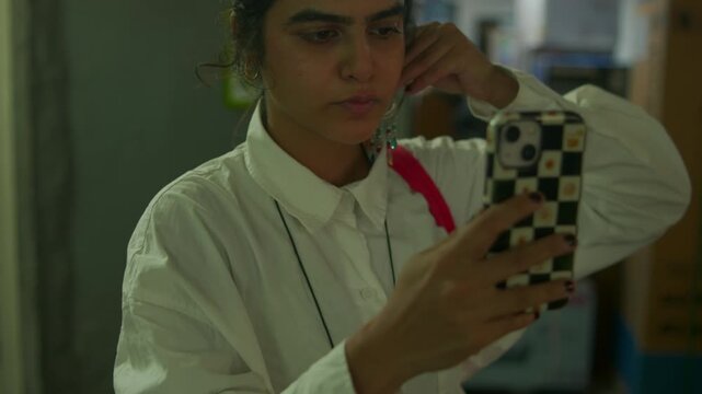 A young woman dressed in a crisp white shirt holds up her smartphone to use as a mirror while carefully putting on dangling earrings as part of her stylish preparation routine to go out.