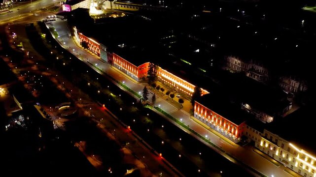 Tula, Russia. Drone footage of the city at night. River embankment, factories. Drone footage