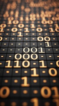 Looping 3D animation of illuminated binary numbers on a dark matrix, representing digital data, programming, cybersecurity and technology.