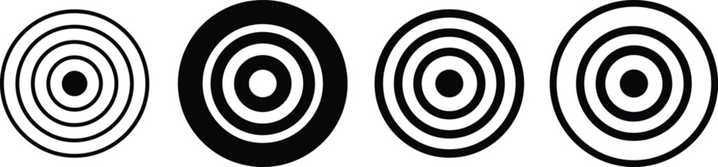 Naklejka premium Collection of four circular target featuring concentric rings in black and white, representing precision, focus, and goal setting for business and interface use