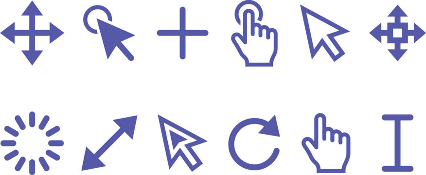 Collection of computer mouse cursor in purple color featuring arrows, hand pointers, loading spinner, and text selection tools on white background