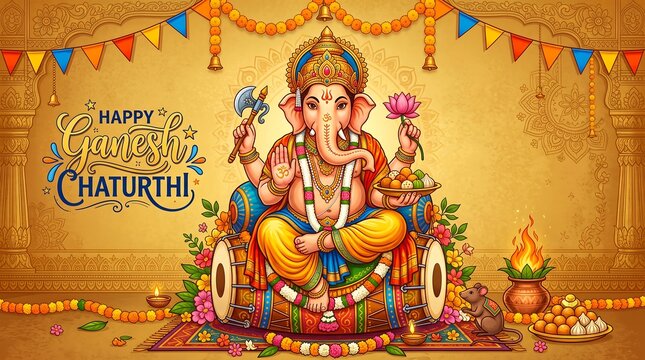  Vibrant Illustration of Four-Armed Ganesha Seated on Dholak Drum with Festival Offerings