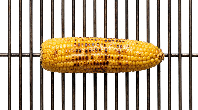 Grilled corn on the cob with char marks. Roasted sweet corn on metal barbecue grate. Summer BBQ food and healthy vegetable side dish. isolated PNG with Transparent Background