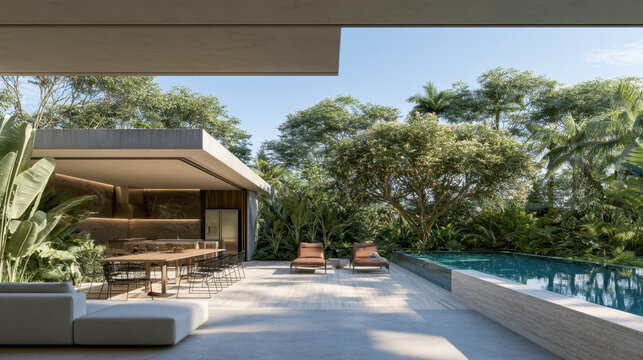 luxury modern villa backyard terrace with swimming pool outdoor kitchen lounge chairs and tropical garden modern architectural house design open air patio living space poolside paradise render