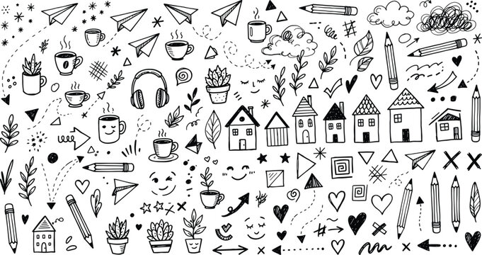 Large Hand Drawn Doodle Icon Collection With House Coffee And Plant