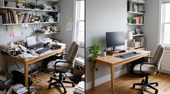 Before and after home organization showing cluttered and tidy workspace
