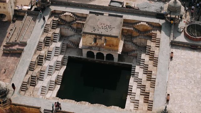 Aerial view of ancient panna meena ka kund stepwell, a historical landmark and tourist attraction in jaipur, india