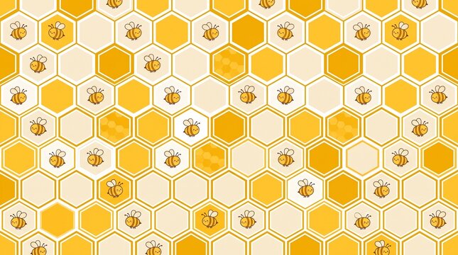 Honey bee honeycomb pattern background with cute kawaii bumblebees in yellow geometric hexagonal cells for spring design and organic honey concepts