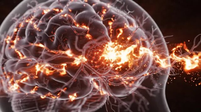 Abstract 3D animation of a glowing tumor growing inside a human brain with blood vessels medical science concept