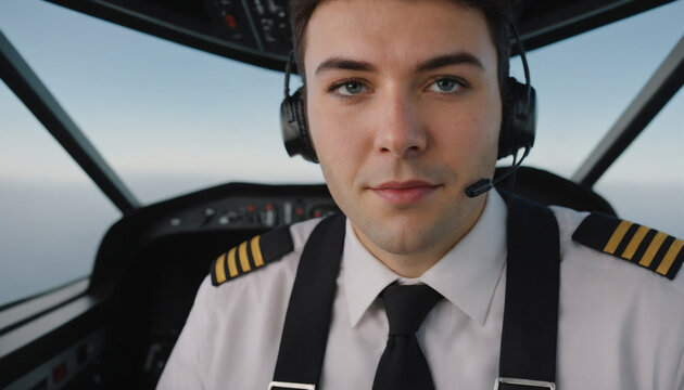 High-end corporate stock portrait of a male airline captain wearing a crisp white pilot shirt inside a modern, illuminated flight deck with digital instrument panels.