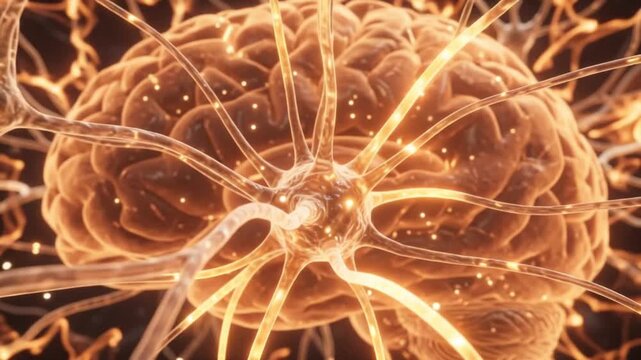 Abstract 3D animation of glowing neurons firing in the human brain visualizing neural network activity and electrical impulses