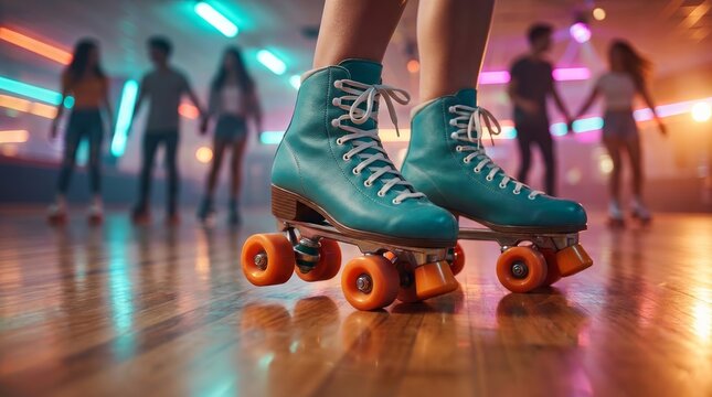 Youthful friends enjoy a leisure activity on roller skates at a night party.