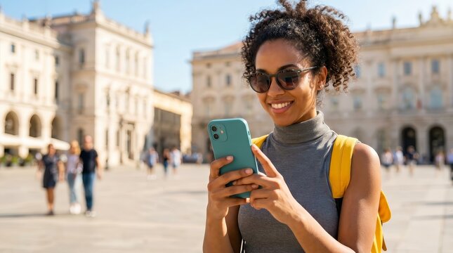 A happy tourist using a smartphone while exploring a beautiful city during summer vacation.