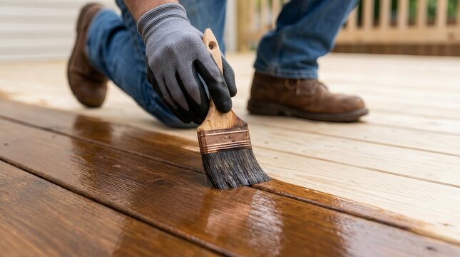 A worker performing wood deck staining process with a brush for home improvement.