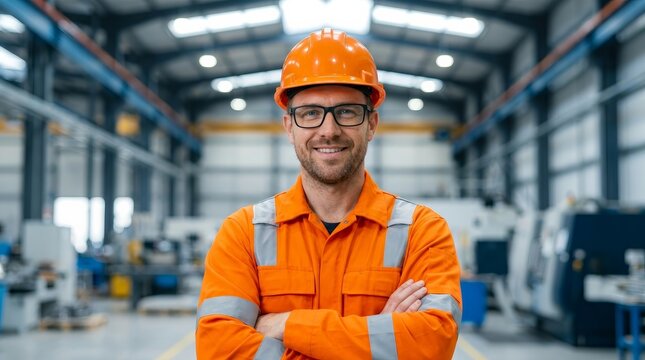 A happy industrial worker in orange safety gear poses with arms crossed at a factory facility.