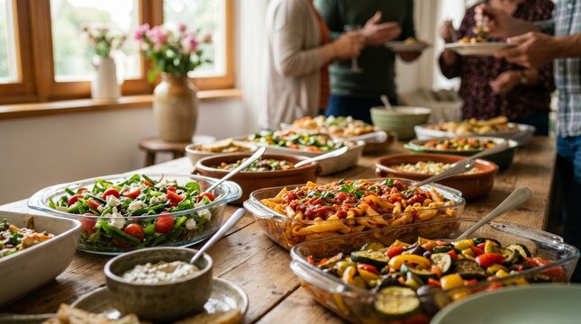 A diverse food buffet line at a family potluck party featuring various homemade dishes.