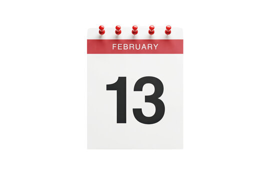 Wall calendar page showing february 13th with red push pins holding the edge of the paper sheet isolated on a transparent background
