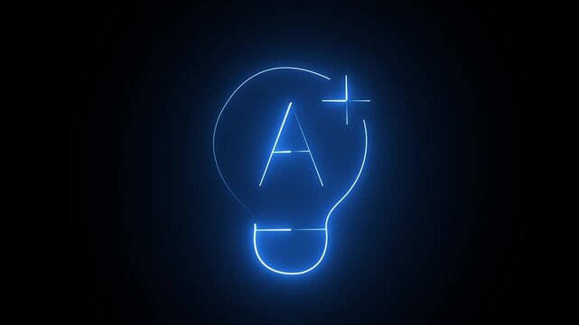 Glowing blue light bulb icon with a plus grade symbol for education and smart ideas concept