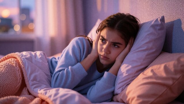 Young woman anxiety insomnia lying bed worried hands head purple pink lighting mental health concept