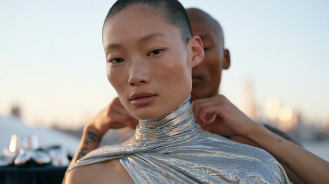 A model welcomes a newcomer to an iridescent liquid runway shoot against a busy urban backdrop, close up of careful hands adjusting a reflective fabric collar, the symbolic still