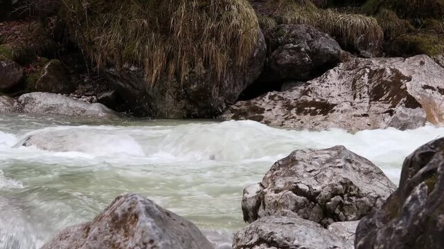 Fast flowing mountain river streaming around rocks