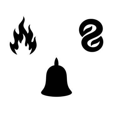 Minimalist black silhouette icons featuring a stylized fire flame, a church bell, and a circular abstract swirl logo. Modern graphic symbols for branding, web design, and creative app interfaces.