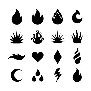 Minimalist black flame icons and elemental symbols set. Collection of 16 flat fire silhouettes, burning heat signs, and nature power graphics. Versatile black vector shapes on white background.