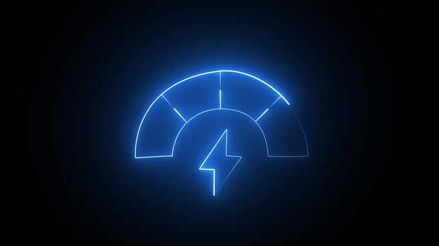 Glowing blue neon lightning bolt icon inside a semi circle gauge on dark background