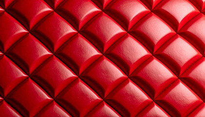 Obraz premium Close-up macro of a luxurious bright red quilted leather upholstery panel featuring a geometric diamond pattern and soft highlights. Interior design, background, and texture concept banner.