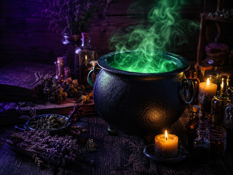 Witch's cauldron brewing a glowing green magic potion with smoke, herbs, and candles.
