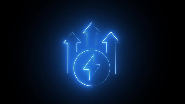Glowing blue neon lightning bolt icon with upward arrows representing growth and energy on black