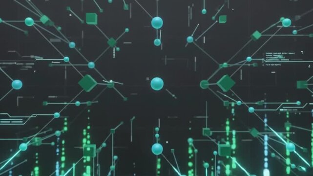 Abstract glowing blue square particle moving on dark grid background futuristic technology concept digital motion graphics