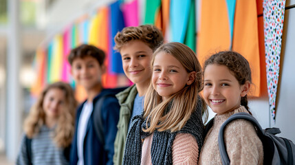 Fototapeta premium Diverse students standing in a school hallway beneath colorful banners and decorative pennants, academic season, school community, education, student life, school spirit,