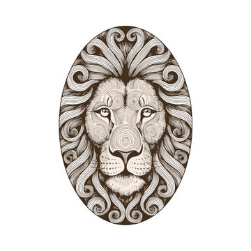 Detailed vintage engraving of a majestic lion head face in vertical oval