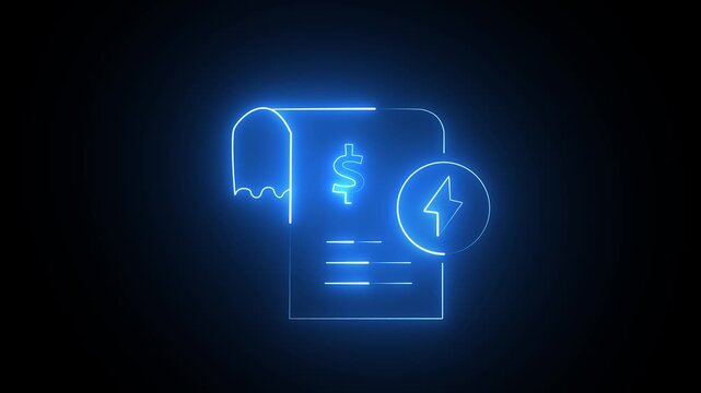 Glowing blue neon electric bill icon showing dollar sign and lightning bolt on dark background