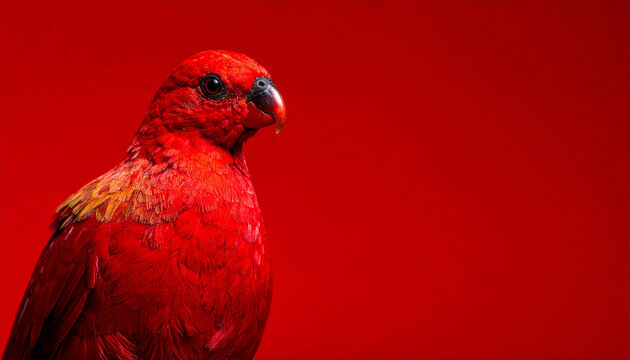 Close up portrait of a bright red cardinal lory parrot on matching red background with copy space.